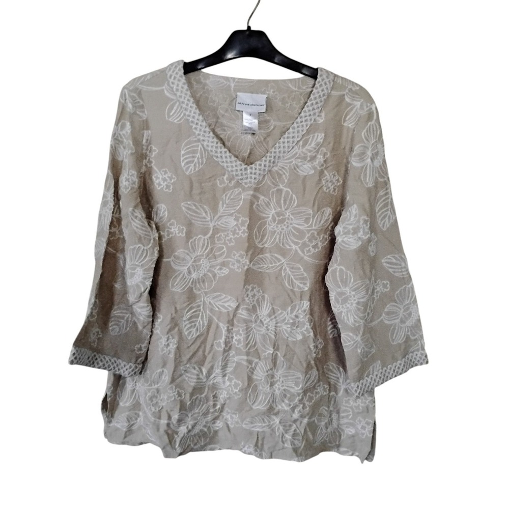 Alfred Dunner Womens Small Tan Floral Embroidered V-Neck 3/4 Sleeve Blouse
